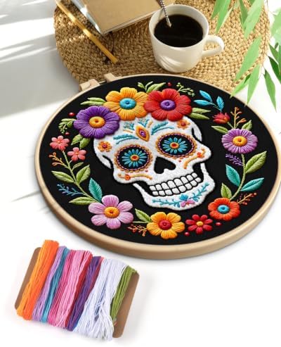 TINDTOP Embroidery Kit for Adult Beginners, Embroidery DIY Starter Kit, with Stamped Patterns, Hoop, Tools, Colorful Threads with Needles, Instructions (Skeleton B)