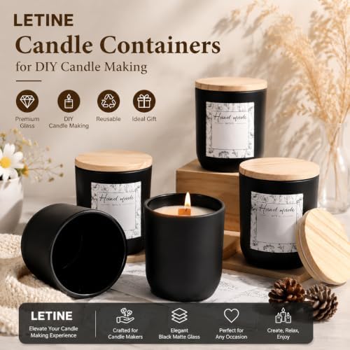 LETINE Matte Black Glass Candle Jars with Lids - 12 Pack, 8 oz Each, Perfect for DIY Candle Making & Storage