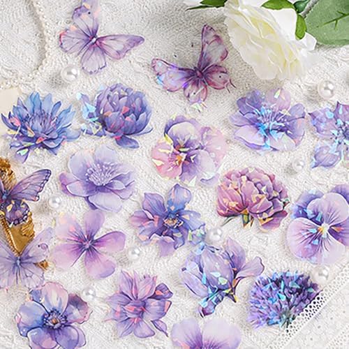 Doraking 60 Pieces Glitter Shiny Flower Stickers for Journaling Art Crafts | Waterproof Decorative Decal for Scrapbooking Supplies Journal Planners Photo Album Decor (Purple)