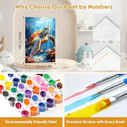 NEWENMO 4 Pack Paint by Numbers for Adults with Wooden Framed, Beach Sunset, Paint by Number Kits on Canvas for Beginner, DIY Acrylic Oil Painting Kits for Home Decor 8x12 inch, Sea Turtle