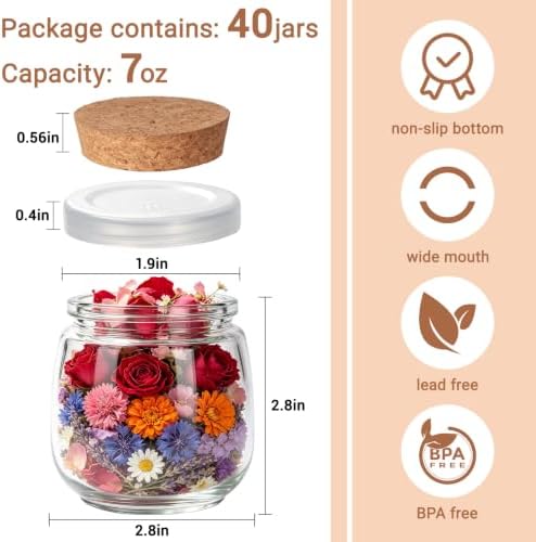 40 Pack 7oz Glass Jars with Cork Lids & PE Lids, Yogurt & Candle Jars