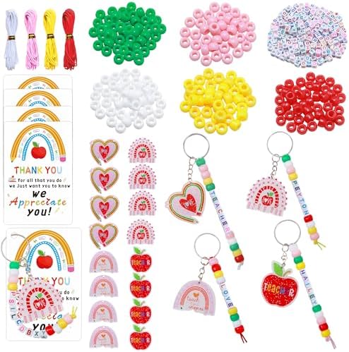 Tuhangcc Unique Design 16 Sets Teacher DIY Charm Bead Keychain Kit with 10 A-Z Letter Beads 16 Charms & Greeting Card for Teacher Day Gift (Teacher's Day)