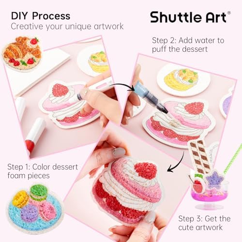 Shuttle Art 105 Pcs Magic Foam Texture Painting Kit Dessert Series: 24 Dessert Foam Pieces, Slime, Clay, Pastry Display Case, 12 Acrylic Paint Markers, Magical 3D Effect DIY Art for Kids Ages 3-12