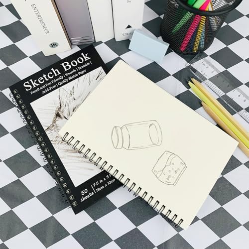 DSTELIN 2 Pack Spiral Bound Sketchbooks (100 GSM Sketch Paper), 50 Sheets per Pack, 7.5" x 5.1" Sketchbook with Black Hard Cover for Painting, Drawing and Sketching