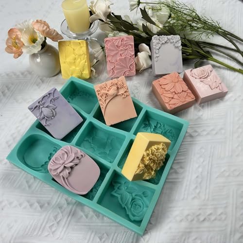 9 Cavities Mixed Flower Soap Mold, Handmade Soap Making Silicone Tray, Flower Silicone Molds for Natural Soap, Scented Candle Wax, Plaster Diffuser, Crystal Epoxy Decorations