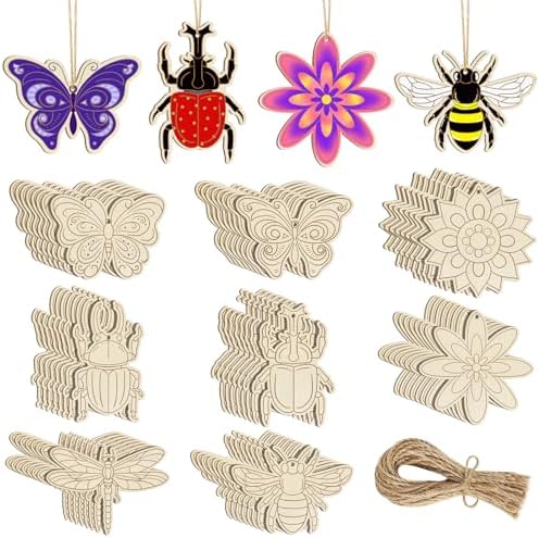 Sophena 80PCS Wooden Spring Ornaments to Paint, 8 Styles DIY Blank Unfinished Wood Insect Cutouts Ornament for Crafts Hanging Decorations, Dragonfly Butterfly Flower Shape Home Decorations Gifts