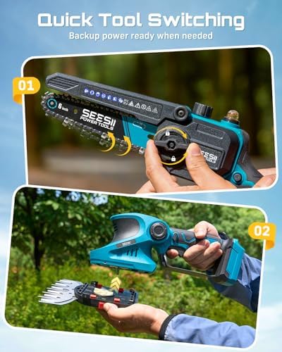 SEESII 4-in-1 Electric Mini Chainsaw, Battery Hedge Trimmer & Pruner Combo | Hand Pruning Shears with 2× Rechargeable 4000mAh Batteries, Grass Shear, Garden Tool Kit for Tree Trimming & Branch Cutting