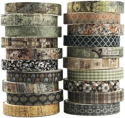 Vintage Skinny Floral Washi Tape Set 20 Rolls -Retro Antique Patterns Masking Thin Basic Decorative Tapes for Arts, DIY Crafts, Bullet Journal, Planner, Scrapbook Decor, Gift Wrapping, Junk Journal