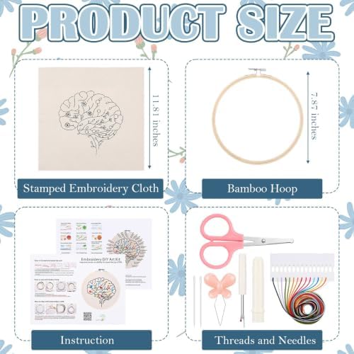 Fanfanwin 1 Set Brain Embroidery Kit for Beginner Floral Brain Cross Stitch Kits Easy Embroidery with Hoop, Needles, Threads, Instruction Threads Tools DIY Craft Art for Mental Health Mindfulness Gift