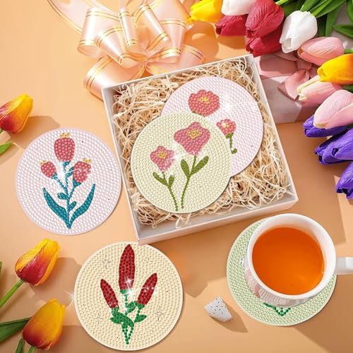 DOTSOPS 8 Pcs Flowers Diamond Art Coasters for Adults with Holder 4 in