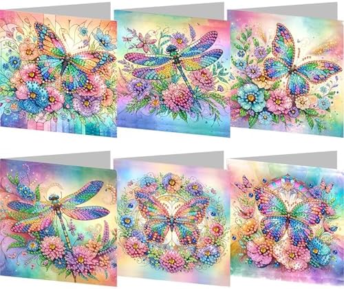 Diamond Art Cards with Envelopes–6PCS DIY Diamond Painting Greeting Cards Kit | Card Making Kit with Bling for Adults & Beginners | Birthday,Holiday & Thank You Cards (Flower Butterfly and Dragonfly)
