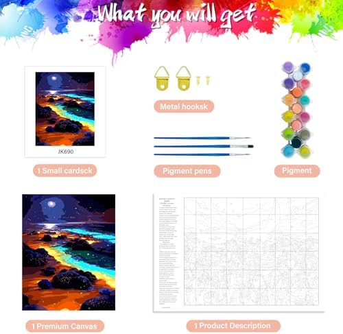 Yunnuo Paint by Numbers Kit for Adults, Seaside Night Scene Adult Paint by Number Kits on Canvas, DIY Beach Number Painting for Wall Decoration Festival Gifts 16"x20"(Glowing Sea Water& Moon)