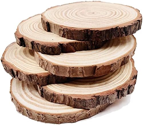 Natural Round Discs Rustic Wood Slices 6 Pcs 6.3-6.7 inch Unfinished Wood kit Circles Crafts Tree Slices with Bark Log Discs for DIY Arts and Wedding Christmas Ornaments