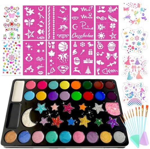 Face Painting Kit, Oil Based Body Paint Waterproof Sweatproof Non-Toxic Facepaint Palette with Brush, Stencil, Sponge, Gem, for Party Halloween 4th of July World Cup (40 Colors Kit for Girls)