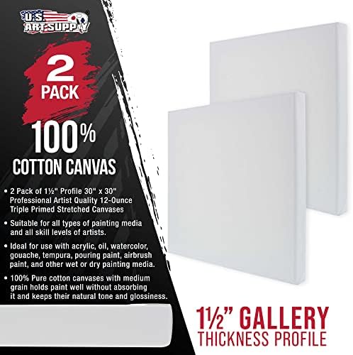 U.S. Art Supply X-Large Stretched Canvas for Painting 30x30 inch Gallery Depth 1-1/2" Thick, 2-Pack - 12oz Acrylic Gesso Triple Primed, Professional Artist Quality, 100% Cotton - Oil, Pouring Paint