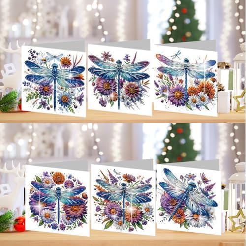 Diamond Art Cards with Envelopes–6PCS DIY Diamond Painting Greeting Cards Kit | Card Making Kit with Bling for Adults & Beginners | Birthday,Holiday & Thank You Cards (Flower Dragonfly)