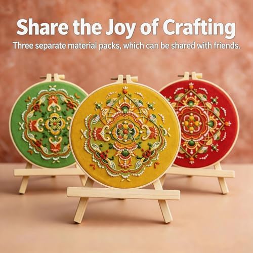 Qupace 3 Pcs Boho Embroidery Kits for Beginners Adults,Red Cross Stitch Sewing Craft Set with 3 Embroidery Hoops & 3 Finished Stands, Floral Pattern Needlework Kit