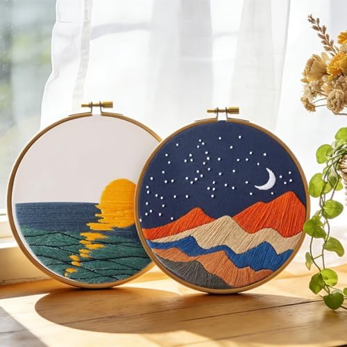 Armindou Hand Embroidery DIY Kits for Beginners Adults, Sea Sunrise Embroidery Set Needlepoint Kits, Stamped Cross Stitch Kits for Beginners Adults, 2 Embroidery Hoops, Fabric(Attached Video Tutorial)