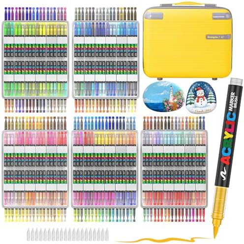 360 Colors Acrylic Paint Markers with a storage box, Soft Brush Tip Acrylic Markers for Adults, No Bleed Quick-Drying Waterproof Paint Markers for Rocks and crafts, Canvas, Wood, Glass
