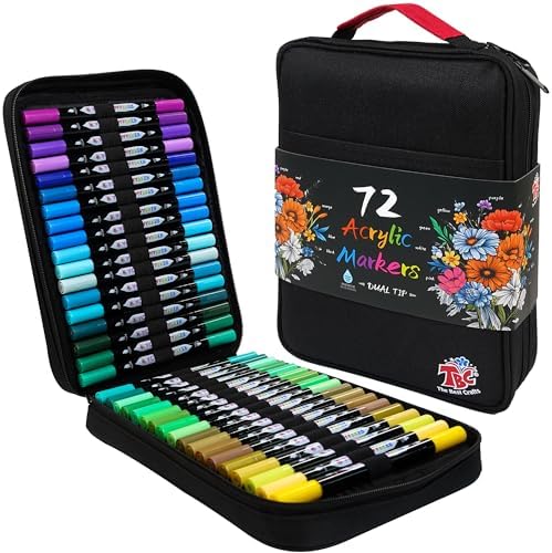 TBC The Best Crafts Acrylic Paint Markers, 72 Colors Dual Tip, Double Zipper Canvas Bag – Waterproof, Non-Toxic, Art Supplies for Canvas, Wood, Glass, Rock, Ceramic – Gift for Artists & Hobbyists