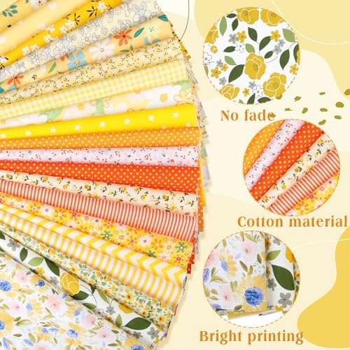 HunnmingRe 20 Pcs 10''x10'' Yellow Flower Quilting Fabric Square Spring Floral Precuts Quilted Fabric Bundle Plaid Polka Dot Stripes Printed Sewing Material for Summer Patchwork DIY Craft Supplies