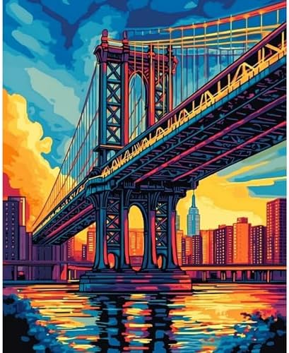 Manhattan Bridge Paint by Numbers Kit for Adults Beginner Sunset Oil Painting Kit Adult Paint by Number Kits on Canvas DIY Painting for Beginners Art by Numbers for Gifts Home Wall Decor 16x20 Inch﻿