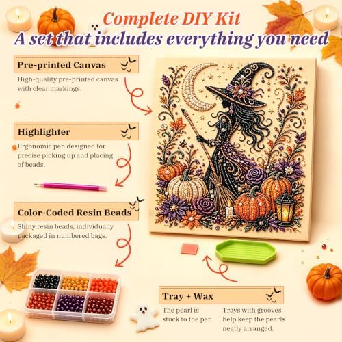 GYZOMKBIU Halloween Pearl Art Kit, Halloween Witch PearlArt DIY Kit for Adults Spooky Cute 3D Pearl Diamond Art Kit, DIY Dimond Art Paintings Home Decor Wall Art, Beginner DIY Seasonal Party Gift