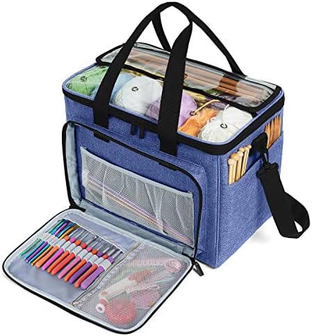Teamoy Knitting Bag, Yarn Storage Organizer Crochet Bag Tote, Dark Blue