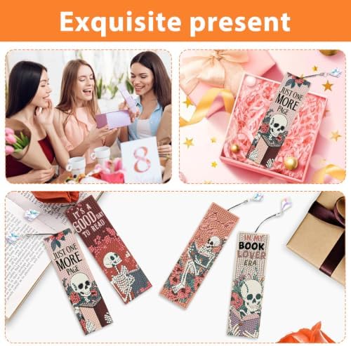 Mandun 4 Pcs Skull Diamond Painting Bookmark Kits, Special Shaped Diamond Art Bookmarks with Pendant, DIY Book Diamond Art Bookmarks with Tassels Crafts Gifts Supplies