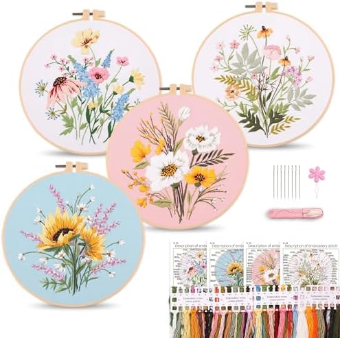 Harimau Adult Beginner Embroidery Starter Kit, Complete Set with 4 Patterns, 2 Hoops, Needles, Scissors, Instruction Guide & Stitching Video Tutorials