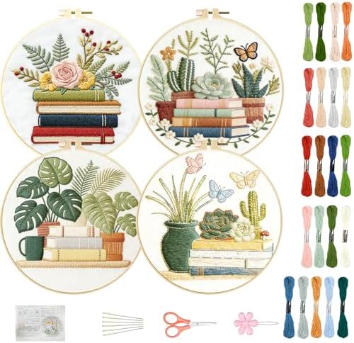 FREEBLOSS 4 Sets Embroidery Kit for Beginners Needlepoint Embroidery Starter Kit with Plants and Books Stamped Patterns, Instructions, Colored Threads, 2 Hoops 20cm/7.9inch