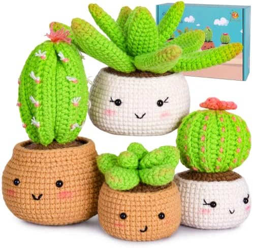 Crochet Kit for Beginners - Crochet Starter Kit with Step-by-Step Video Tutorials, DIY Knitting Supplies, 4 Pack Plants(40%+ Yarn)