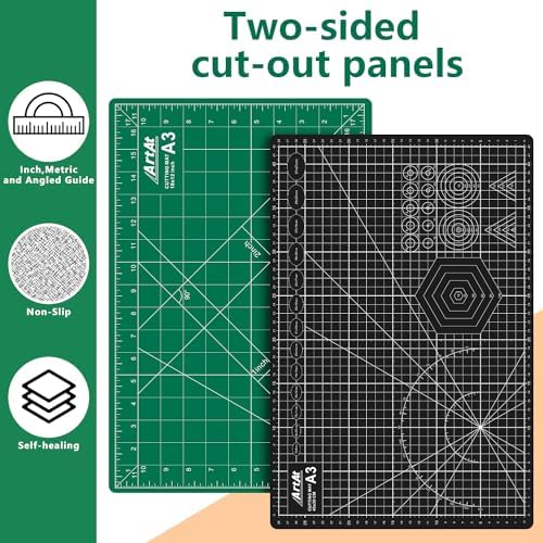 ArtAt Self Healing Cutting Mat: 12inch x 18inch Double Sided 5-Ply Fabric Cutting Mat for Sewing, Quilting & Arts & Crafts - Gridded Rotary Cutting Board Mat in Green/Black.