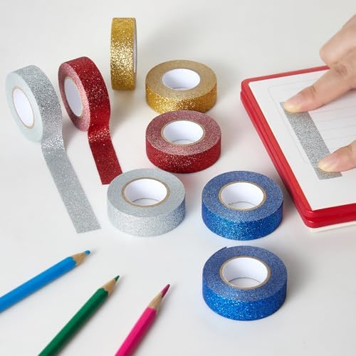 Blue Glitter Washi Tape 2 Rolls, Sparkle Decorative Tape for DIY Crafts Scrapbooking Journaling, Sticky Colored Masking Tape for Art, Wall Decor Gift Wrapping (0.6in x 11Yard)