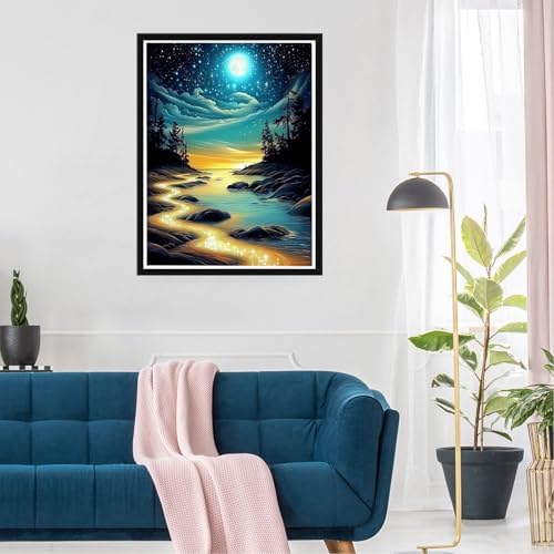 DIYDECORFUN Moon Beach Diamond Art Kit for Adults,5D Full Drill Round Diamond Dot Painting for Beginners,DIY Paint with Diamond Beach Gem Art Painting Adult Crafts for Wall Decor 12x16Inch