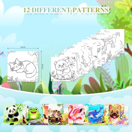 Animal 12 Packs Pre Drawn Canvas to Paint, Pre Printed Canvas for Painting, Pre Stretched Canvas Outline Painting Boards for Beginners, Students, Party Favors