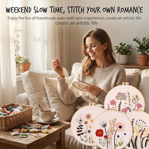 Harimau Adult Beginner Embroidery Starter Kit, Complete Set with 4 Patterns, 2 Hoops, Needles, Scissors, Instruction Guide & Stitching Video Tutorials