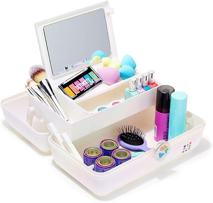 Caboodles On-The-Go Girl Makeup Box, White Opal, Hard Plastic Makeup Organizer Box, Built-In Mirror, Secure Latch for Safe Travel, Spacious Storage for Large Items