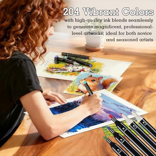 Dual Tip Alcohol Markers, Color Markers Pens, Permanent Marker, Assorted, For Adult Coloring Books, Note Taking Coloring Writing, Teacher Office Supplies, Drawing Art Supplies Kit (204 Colors)