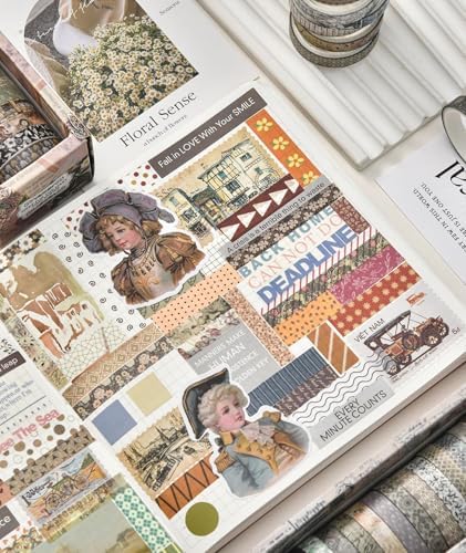 Vintage Skinny Floral Washi Tape Set 20 Rolls -Retro Antique Patterns Masking Thin Basic Decorative Tapes for Arts, DIY Crafts, Bullet Journal, Planner, Scrapbook Decor, Gift Wrapping, Junk Journal