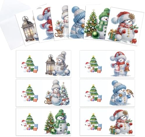 antor 6 Pack Diamond Art Christmas Cards with Envelopes, Special Shaped Rhinestone DIY Diamond Painting Greeting Card Kit, Snowman Design for Adults Holiday Craft Gift