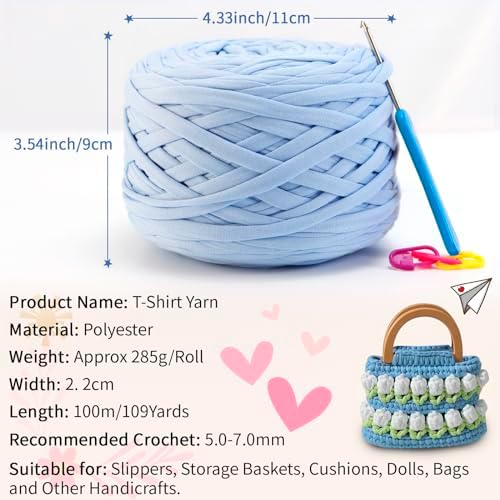 285g T-Shirt Yarn for Crocheting 109 Yards Elastic Ribbon Thick Fabric, Knitting for Crochet Bag, Blanket, Basket, DIY Projects, Home Decor (Mint Green)