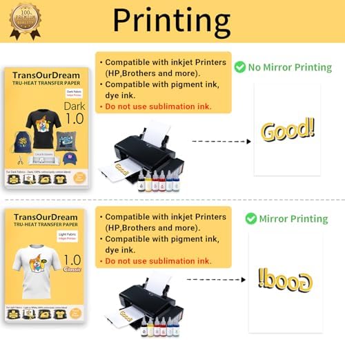 TransOurDream Tru-Heat Transfer Paper for Dark and Light Fabric (20+20 Sheets, 8.5x11", Mix Pack) Printable HTV Heat Transfers Vinyl for Inkjet Printers Iron on Transfers for T Shirts