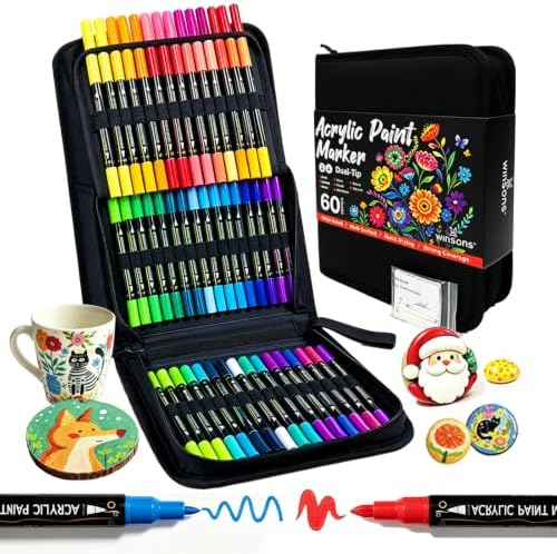 WINSONS 60 Colors Acrylic Paint Markers, Dual Tip with Fine Tip and Brush Tip Pens for Rock Painting Supplies, Canvas, Wood, Calligraphy, Metal, Ceramic, Glass, DIY Crafts Art Supplies Kit