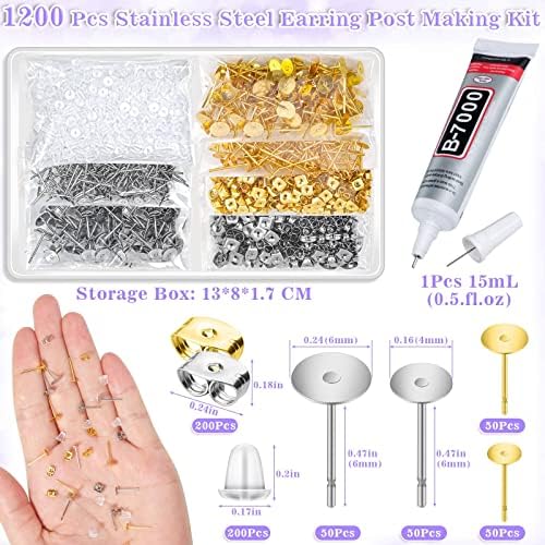Anezus Jewelry Glue with 600pcs Stainless Steel Earring Posts and Backs - Silver and Gold Posts with Rubber Backs for Jewelry Making