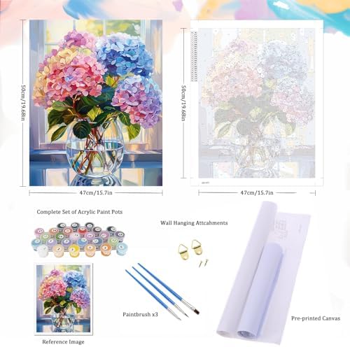 Natuyalo Paint by Numbers Kit for Adults Beginners and Kids, 16" Wx20 L Canvas Pictures Drawing Acrylic Paintwork with 3 Pcs Paintbrushes, Colorful Flowers in Vase