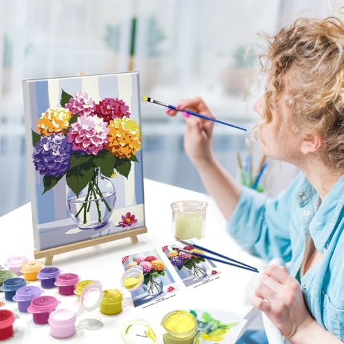 ATDMS Paint by Numbers Kit for Adults Flowers Paint by Number with Frame Hydrangea Paint by Number with Easel DIY Floral Oil Painting by Numbers for Gift Home Wall Decor 8x12 Inch