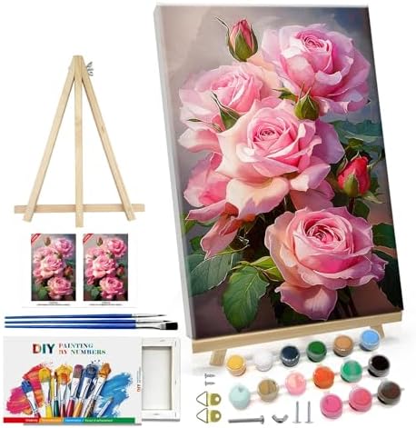 ATDMS Paint by Numbers Kit for Adults with Frame Flowers Paint by Numbers Kit with Easel DIY Adult Paint by Number Kits on Canvas Framed Floral Oil Painting Kits for Home Wall Decor 8x12 Inch