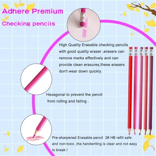 Adhere 25pcs Checking Pencils Erasable colored Pencils Pre-Sharpened #2 HB,for Checking Tests Grading,Map Coloring, editing Office Favors,including a Free sharpener. (Mixed Pink+Red)