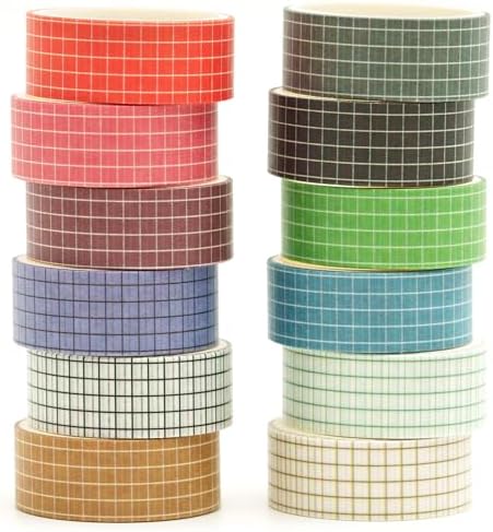 12 Rolls Grid Washi Tape Set Plaid Arts Adhesive Tapes Basic Patterns Decorative Masking Tape Sets for Craft, Kids, Scrapbook, DIY, Gift Wrapping (Style One)